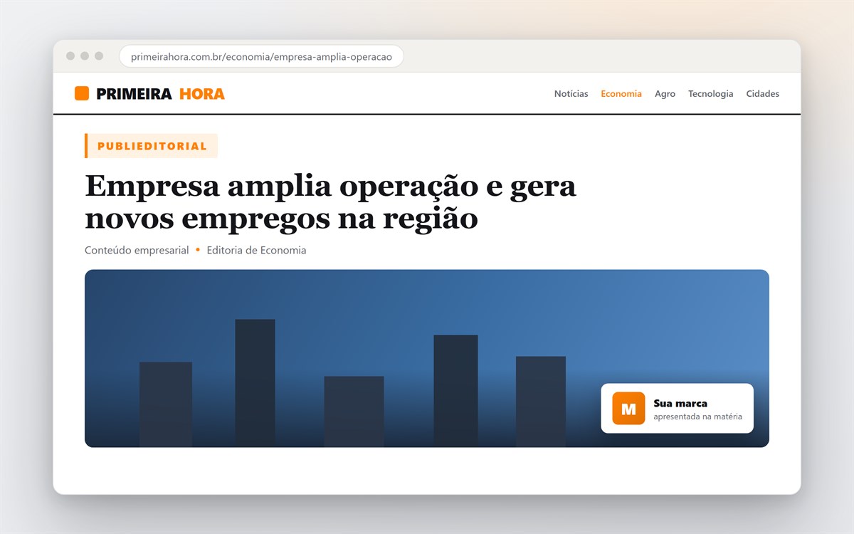Exemplo visual de publieditorial: empresa apresentada em formato de matéria no portal