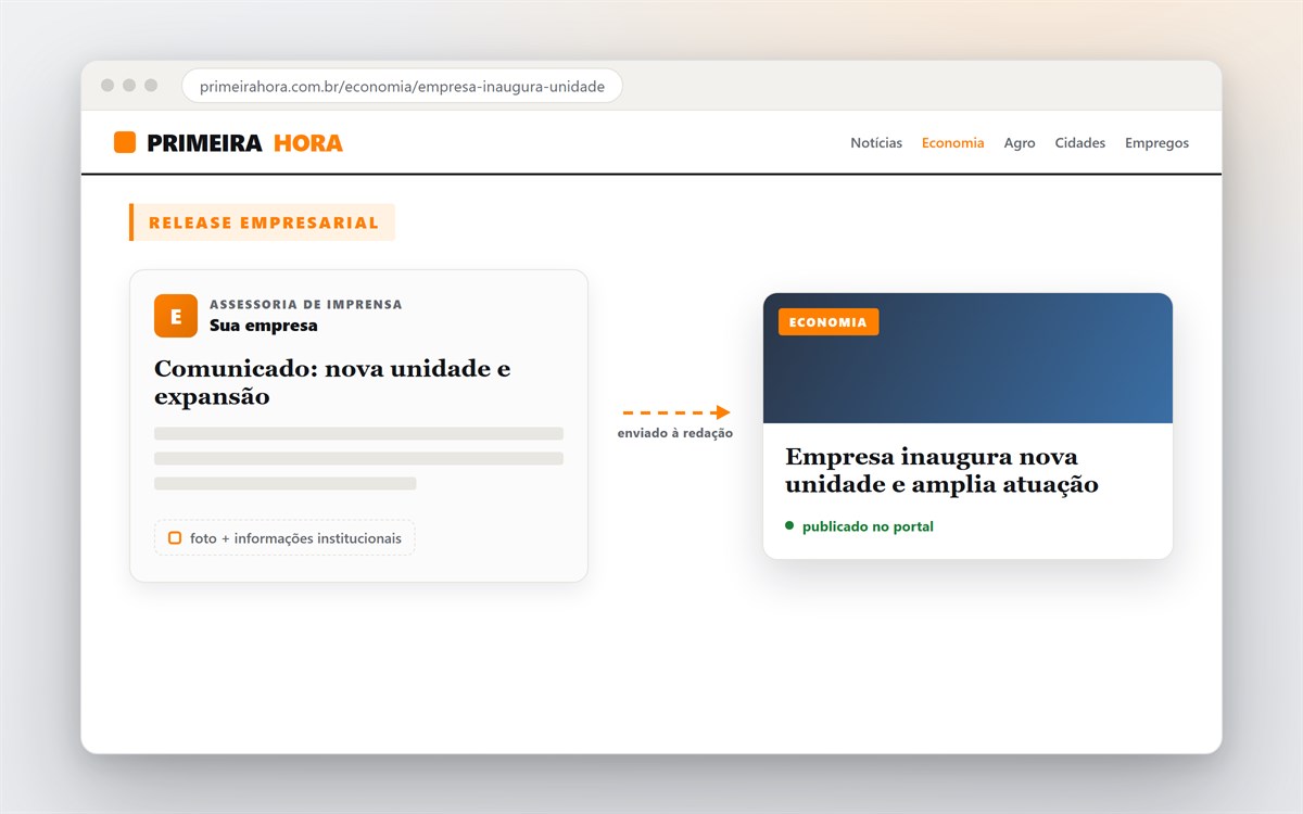 Release empresarial sendo preparado e transformado em notícia no portal